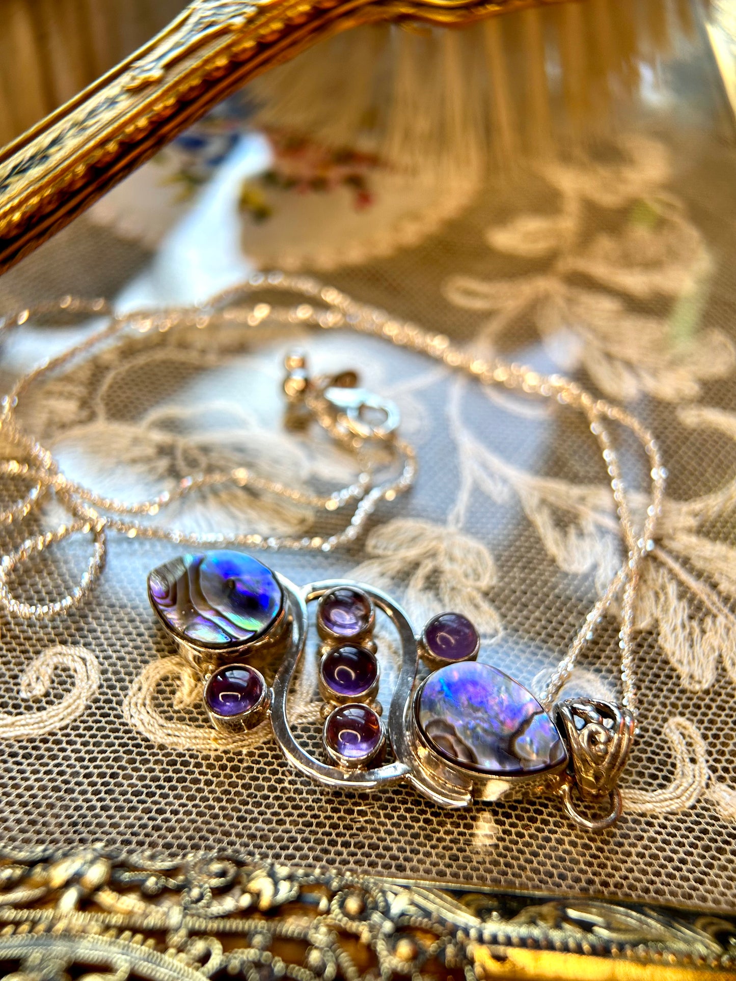 Sterling Silver Abalone and Amethyst Pendant Necklace