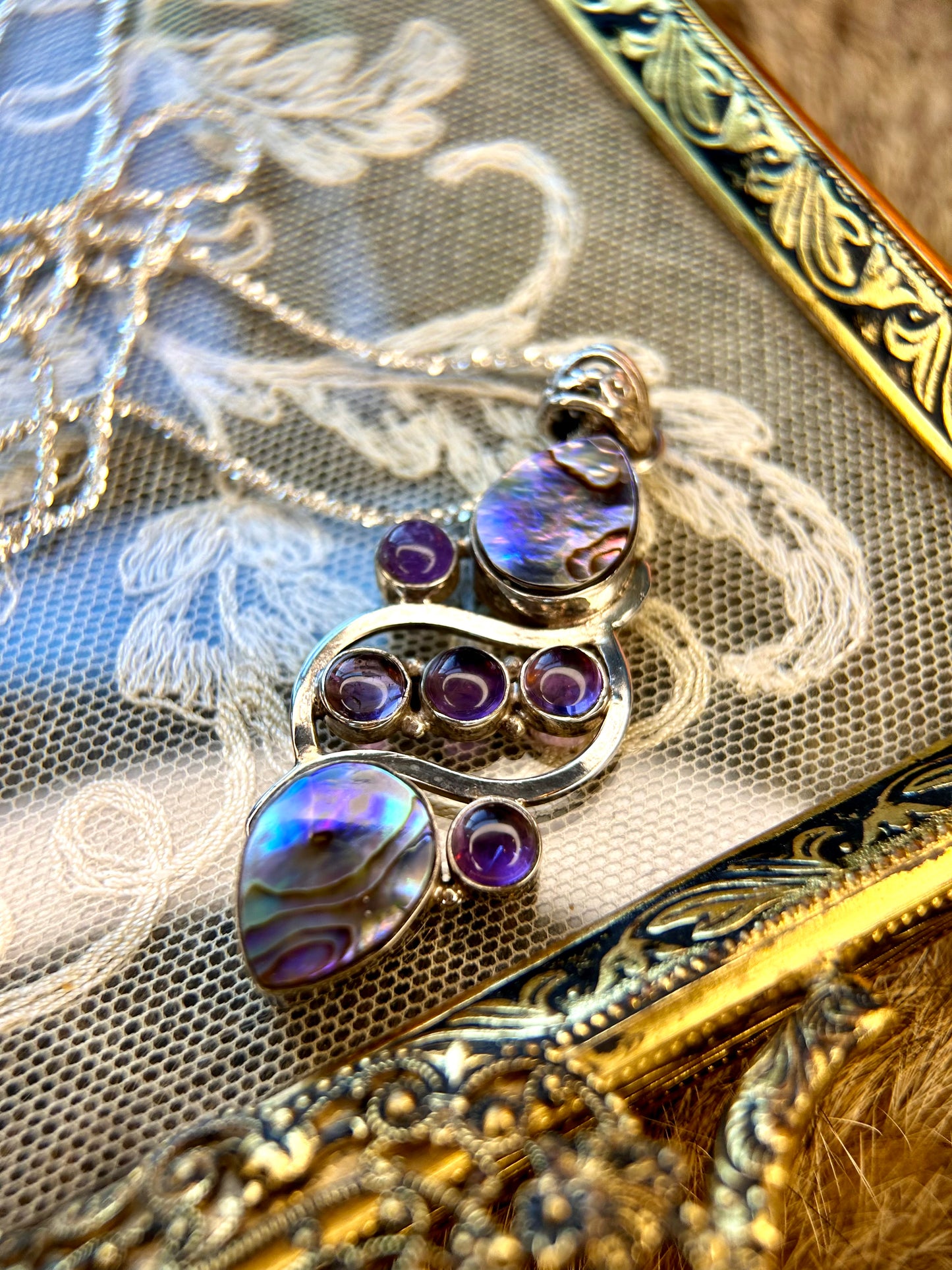 Sterling Silver Abalone and Amethyst Pendant Necklace