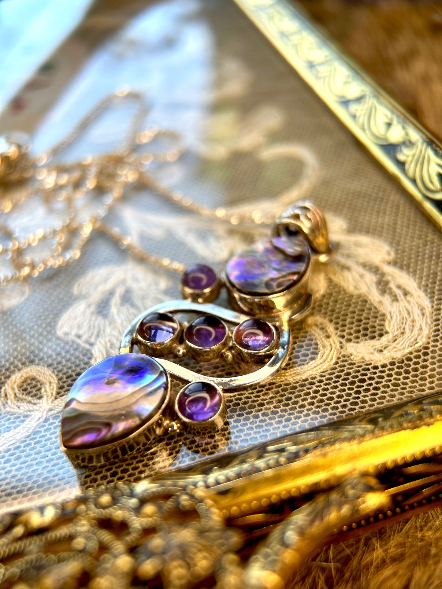 Sterling Silver Abalone and Amethyst Pendant Necklace