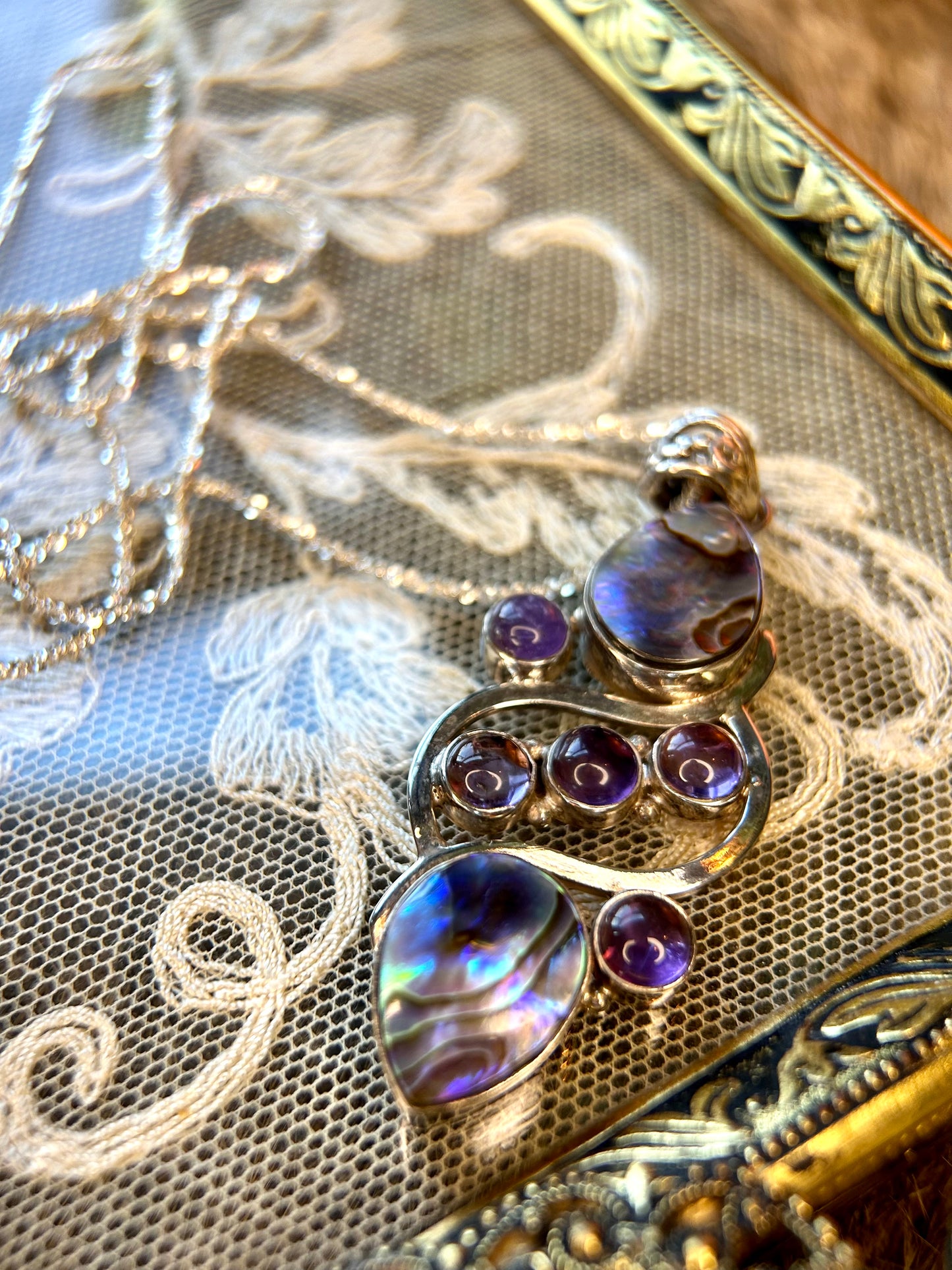 Sterling Silver Abalone and Amethyst Pendant Necklace