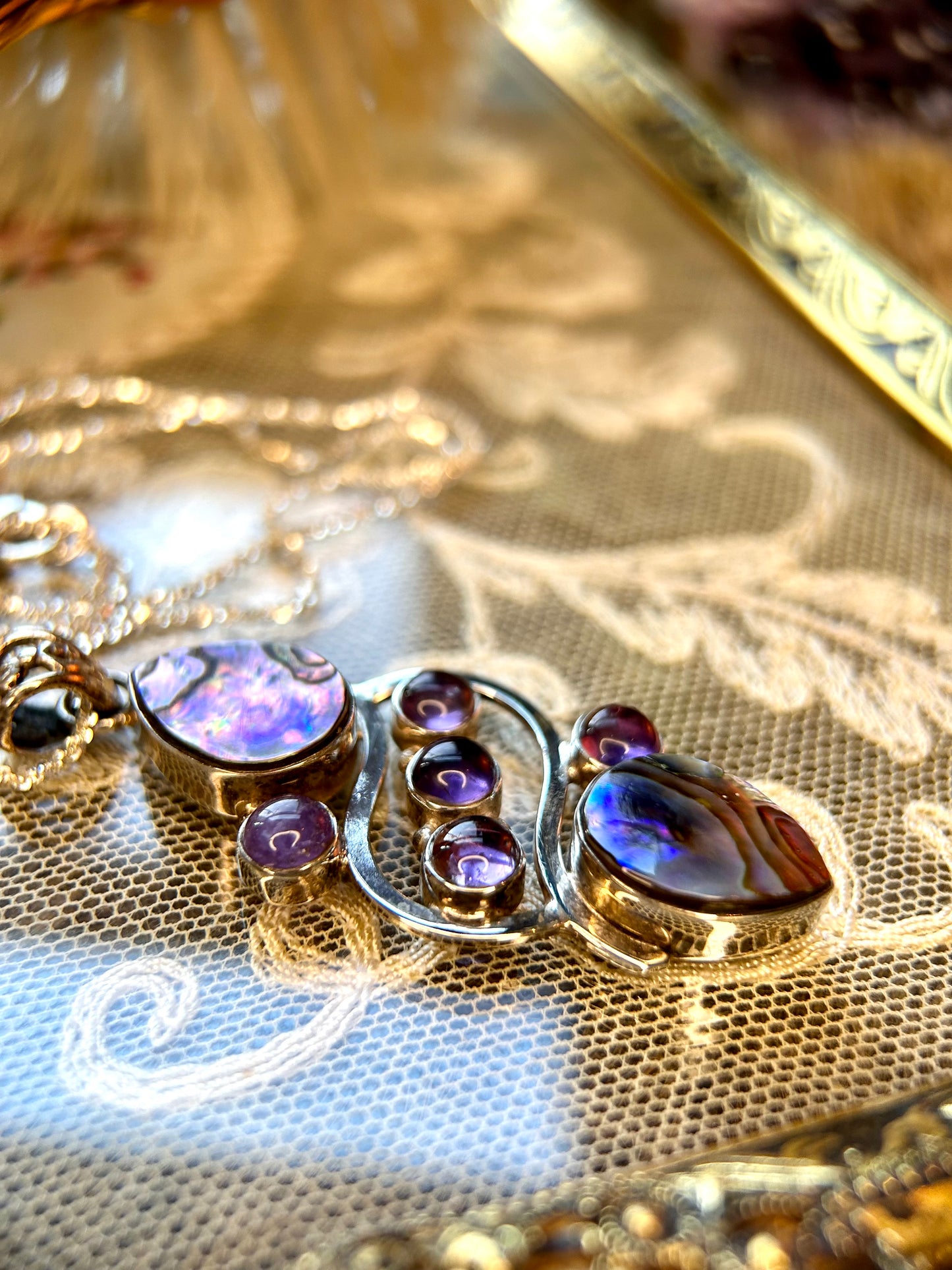 Sterling Silver Abalone and Amethyst Pendant Necklace