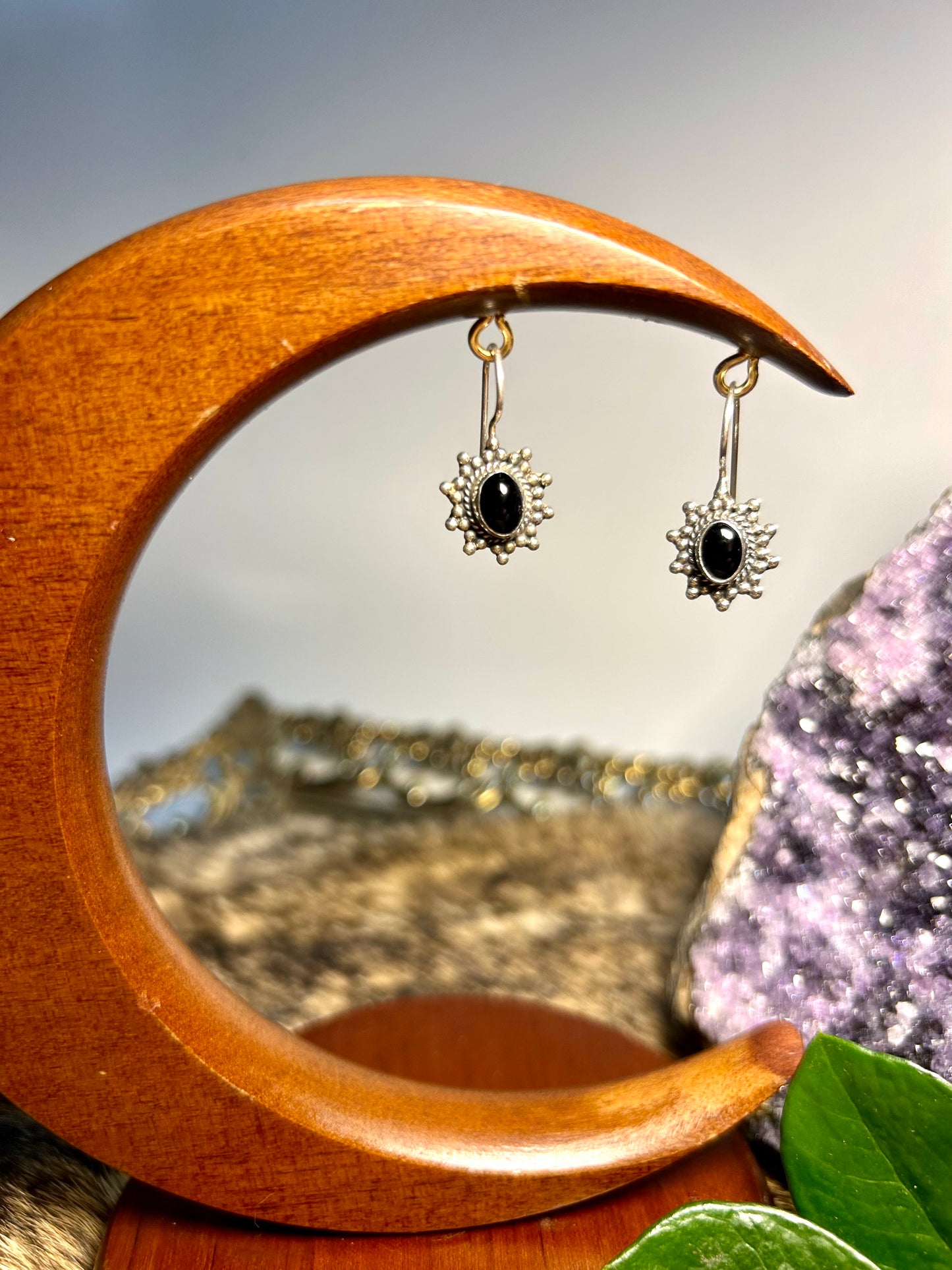 Onyx Sterling Silver Sun Ray Hook Earrings