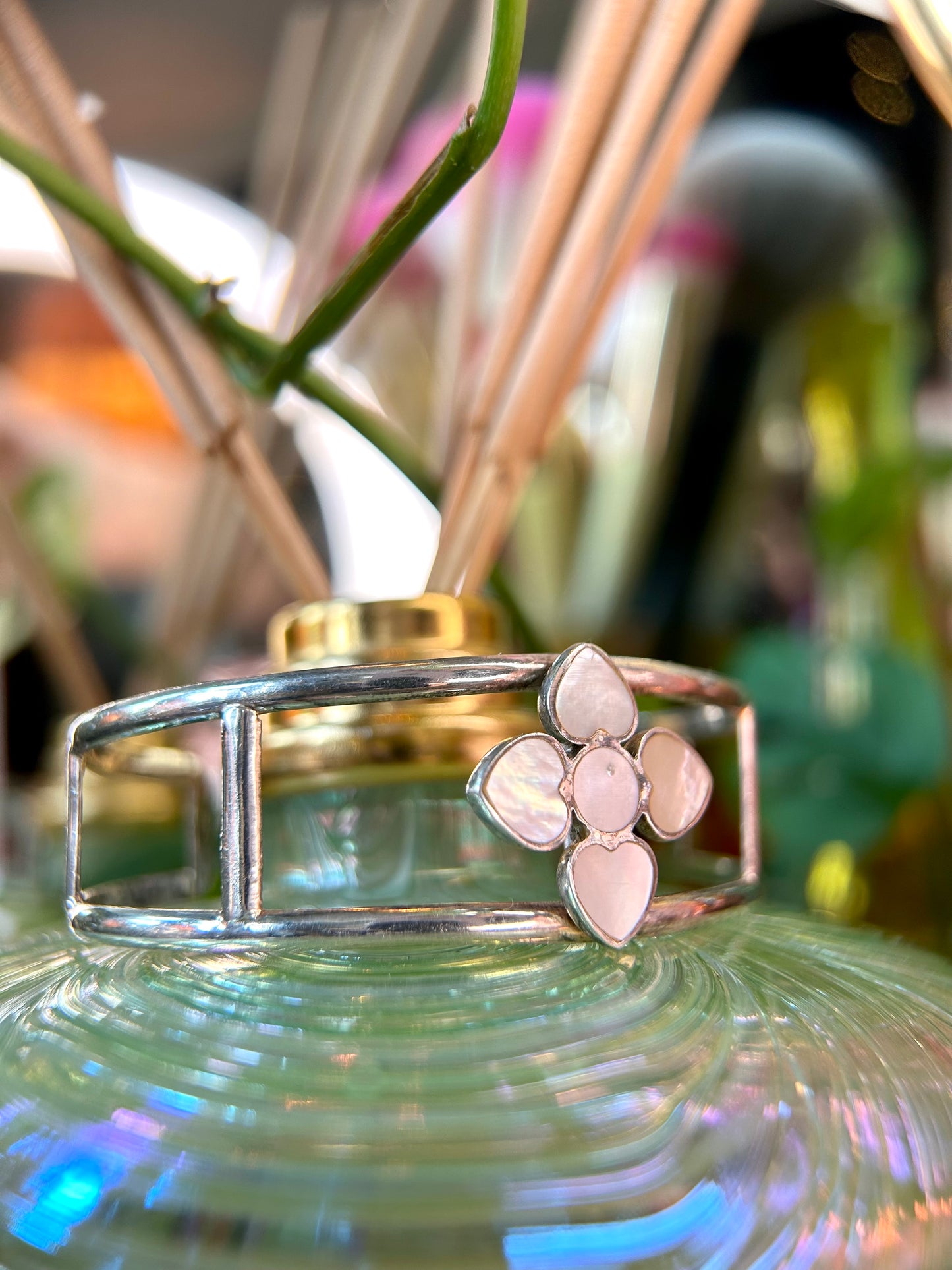 Sterling Silver Mother of Pearl Flower Cuff