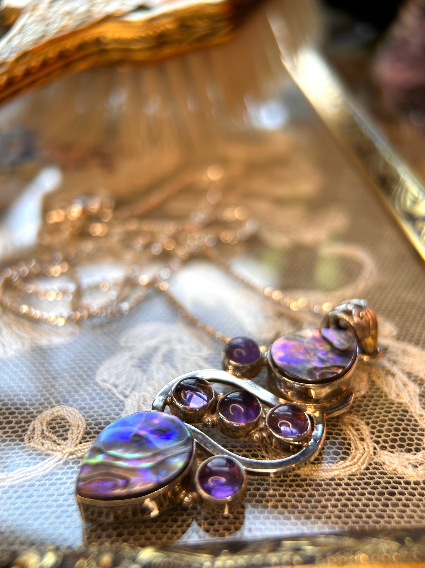 Sterling Silver Abalone and Amethyst Pendant Necklace