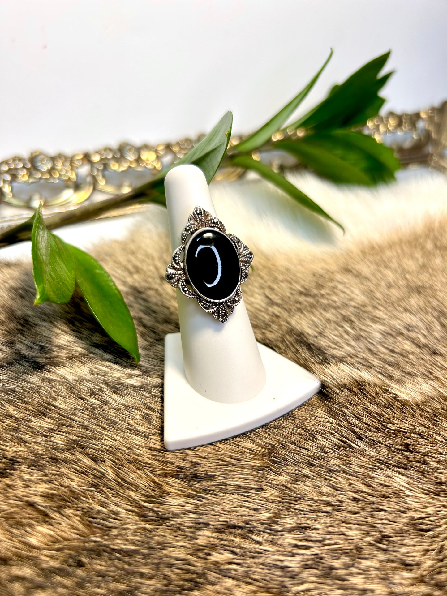 Size 6 Antique Black Onyx and Marcasite Ring