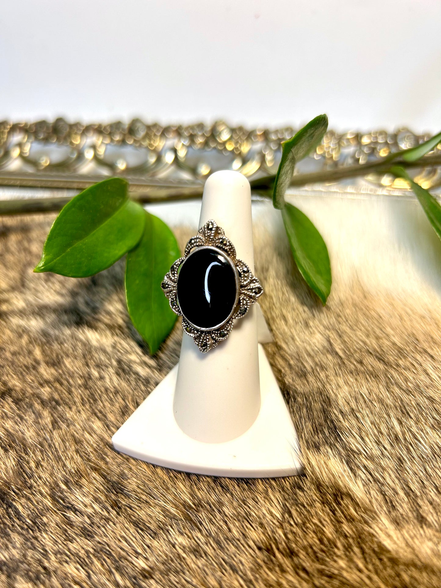 Size 6 Antique Black Onyx and Marcasite Ring