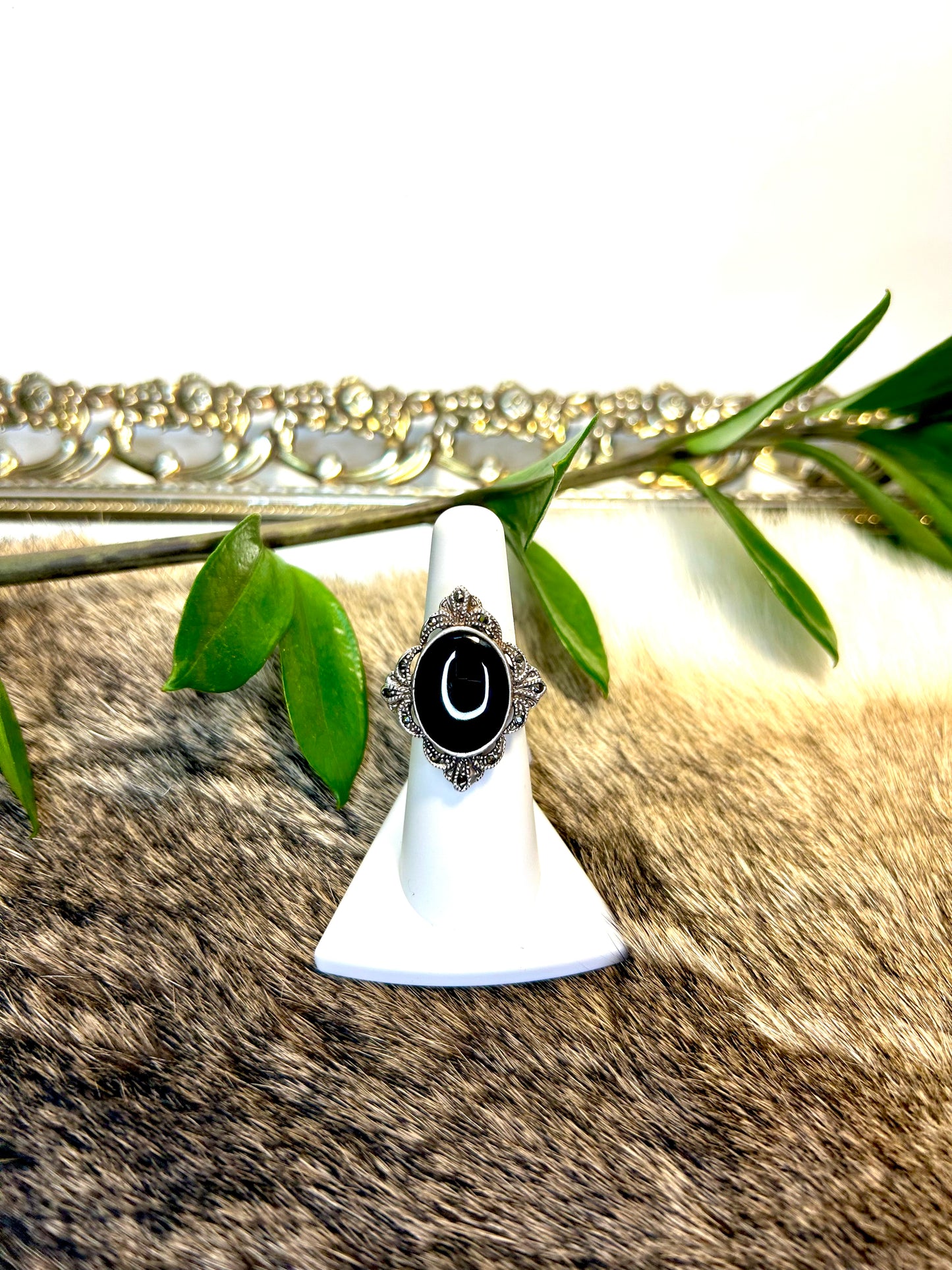 Size 6 Antique Black Onyx and Marcasite Ring